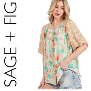 NWOT Sage + Fig SS Button Down Floral Print Top